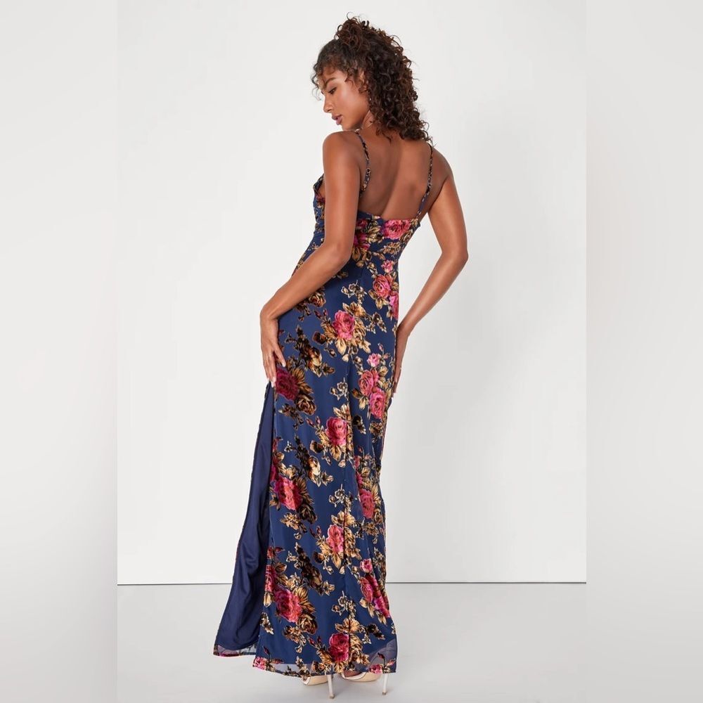 Lulus Chic Romantic Navy Blue Burnout Velvet Floral Cowl Neck Dress - Picture 2 of 7